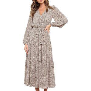 PrettyGarden Women Apricot Polyester V Neck Long Sleeve Ruffle Floral Maxi Dress